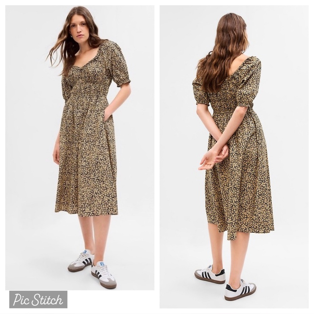 GAP Ditsy Floral Print Scoop Neck Puff Sleeve Midi Dress Cottagecore Fall